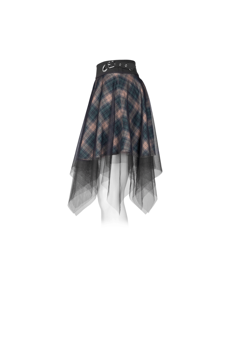 Stylish dark punk plaid mesh asymmetric mini skirt with layered hem and buckle waistband.