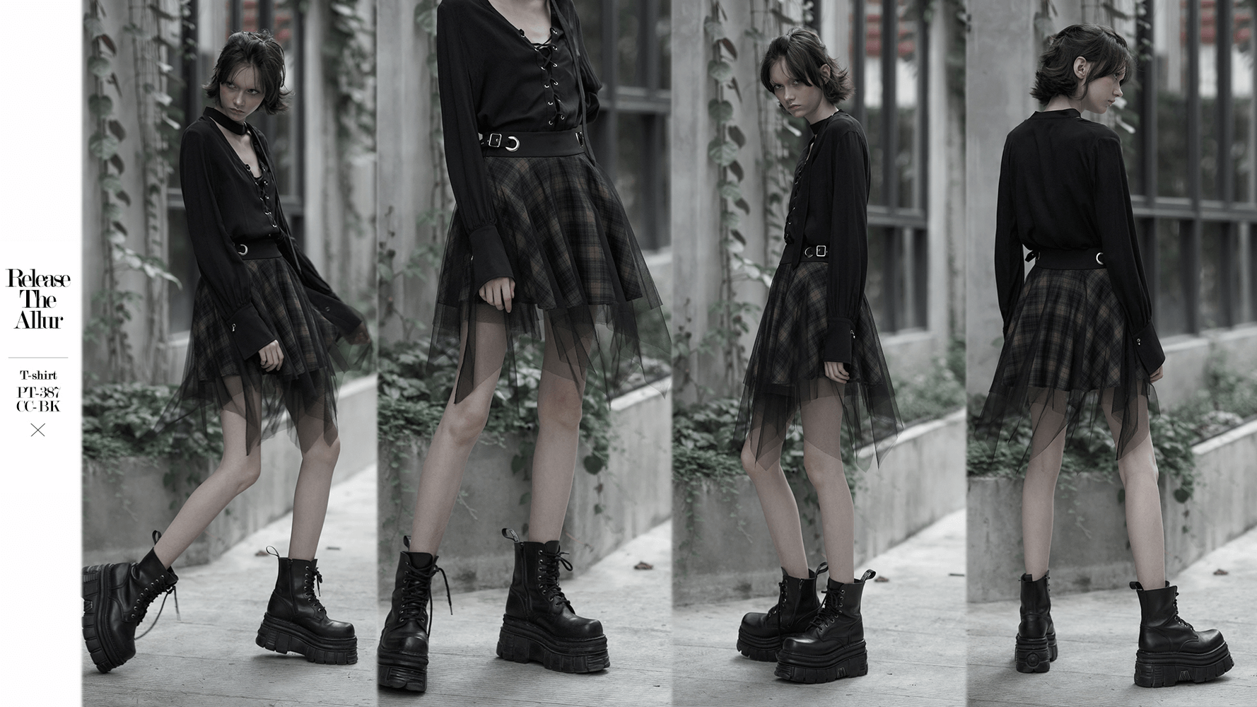 Model showcases edgy dark punk plaid mesh asymmetric skirt with chunky boots and a black top.