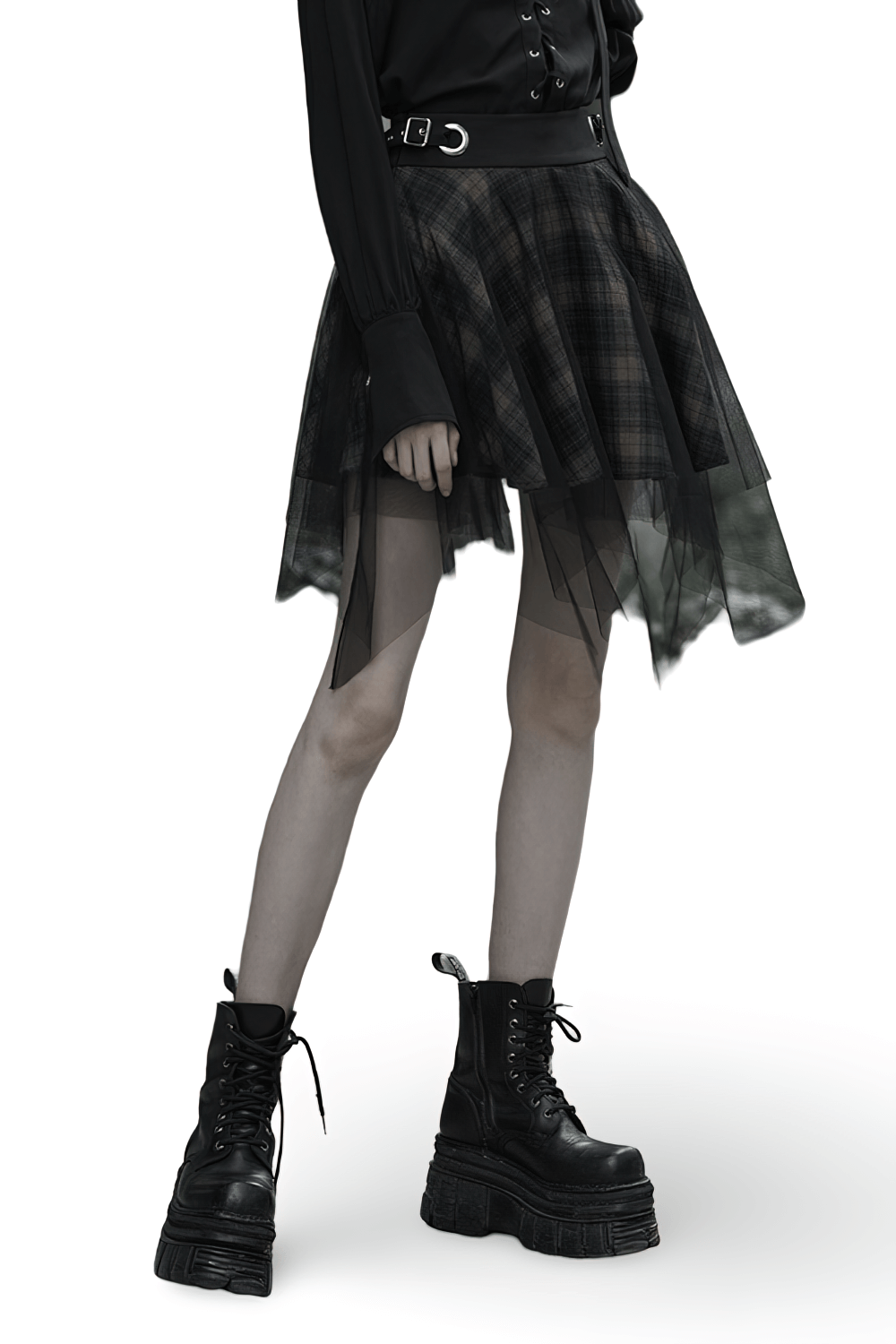 Edgy dark punk grunge plaid mesh asymmetric skirt with layered hem and buckle detailing, paired with chunky black boots.