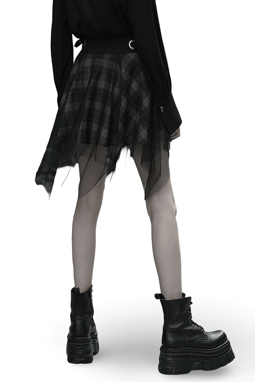 Stylish Dark Punk Grunge Plaid Mesh Asymmetric Skirt
