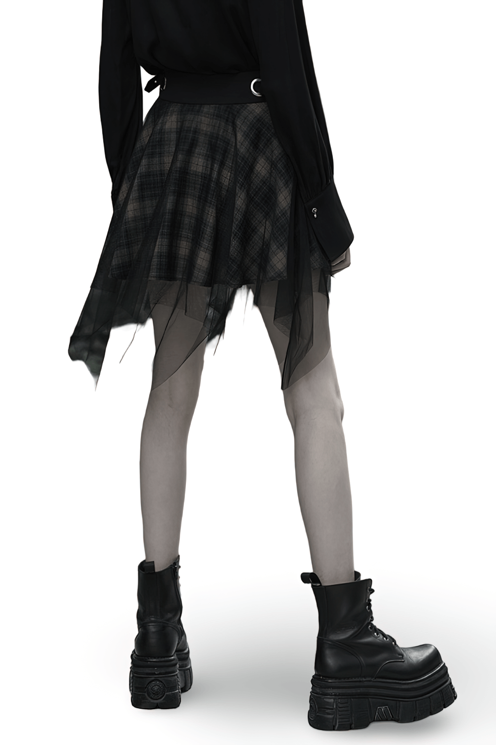 Back view of stylish dark punk grunge plaid mesh skirt paired with edgy chunky black platform boots.