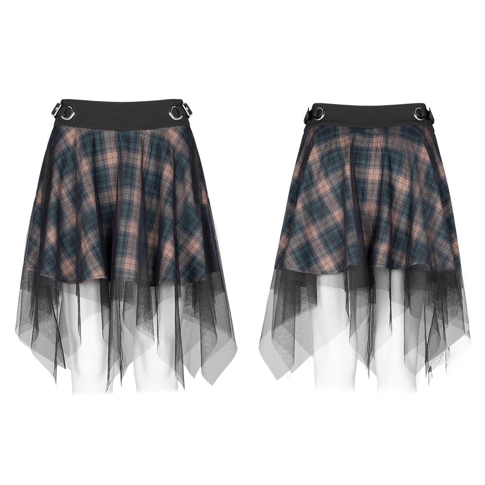Stylish dark punk grunge plaid mesh asymmetric skirt with layered hem and buckle detail for a rebellious look.