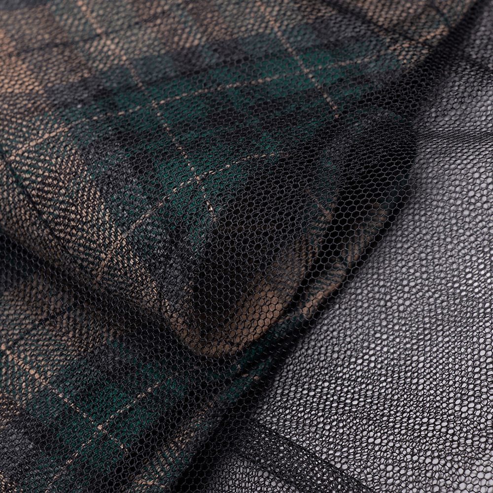 Close-up of dark plaid mesh fabric, showcasing layered netting and textured patterns, ideal for punk grunge style.