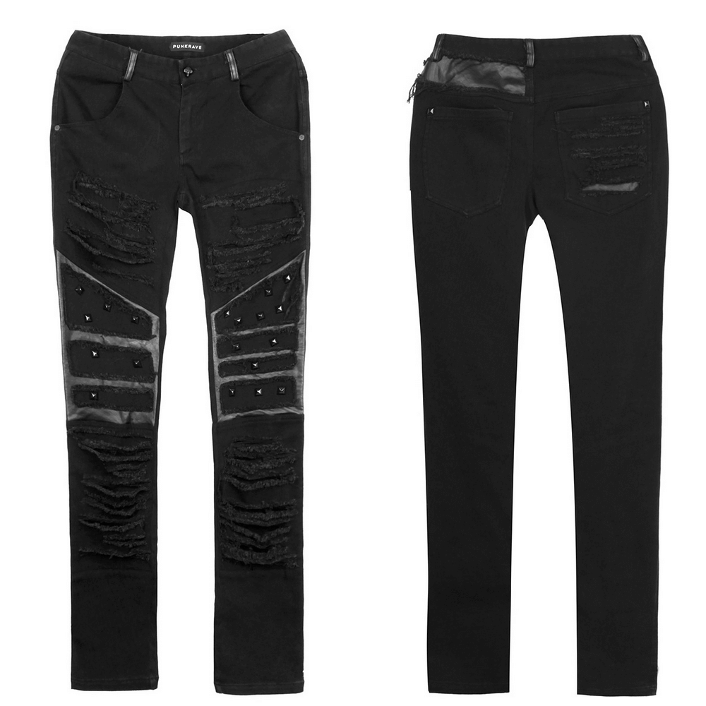 Stylish distressed knee-patch punk men's trousers with edgy ripped design and metallic studs for a rebellious look.