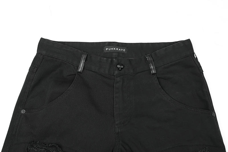 Stylish distressed black punk trousers with knee patches for an edgy streetwear look.