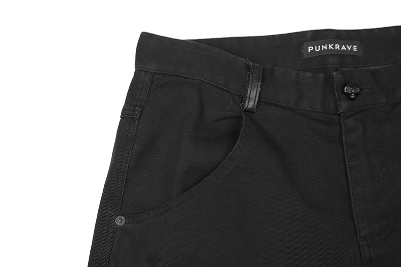 Close-up of black Punkrave trousers showcasing a stylish waistband and pockets, perfect for a punk-inspired look.