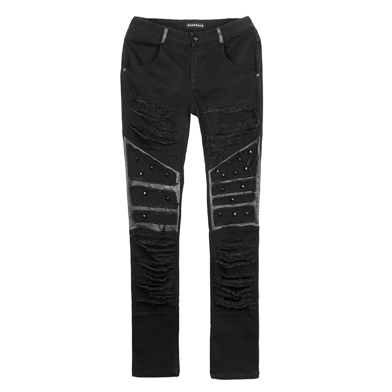 Stylish distressed knee-patch punk trousers with studs, edgy ripped denim for a bold streetwear look.