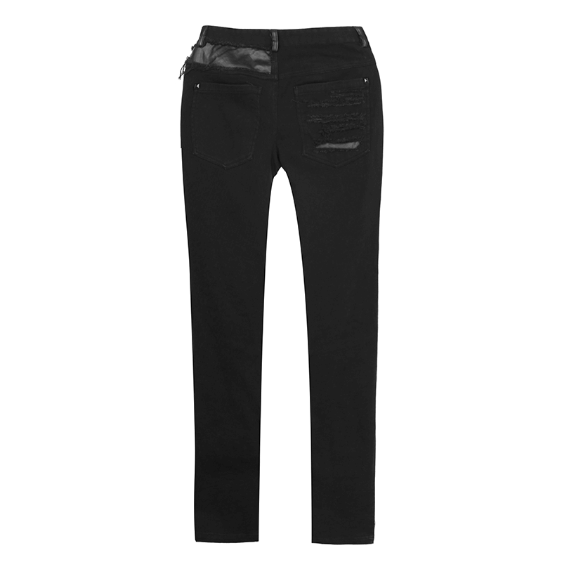 Back view of stylish distressed black denim trousers with knee patches for a punk-inspired urban look.