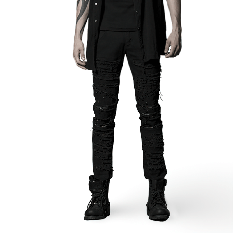Stylish distressed knee-patch punk men's trousers with edgy ripped denim for a rebellious, urban look.