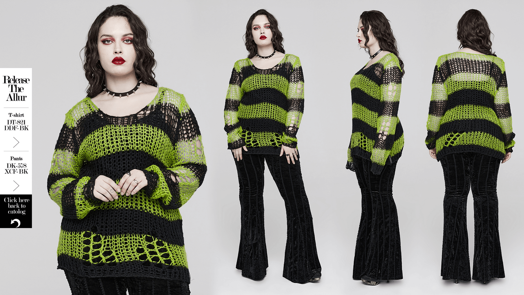 Stylish distressed striped mohair pullover sweater in black and green with edgy holes and oversized fit.