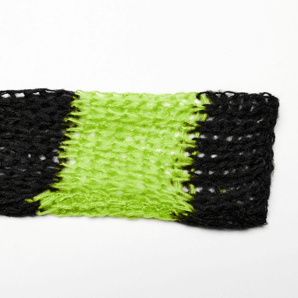 Stylish mohair fabric featuring black and bright green stripes, showcasing the edgy design of a distressed pullover sweater.