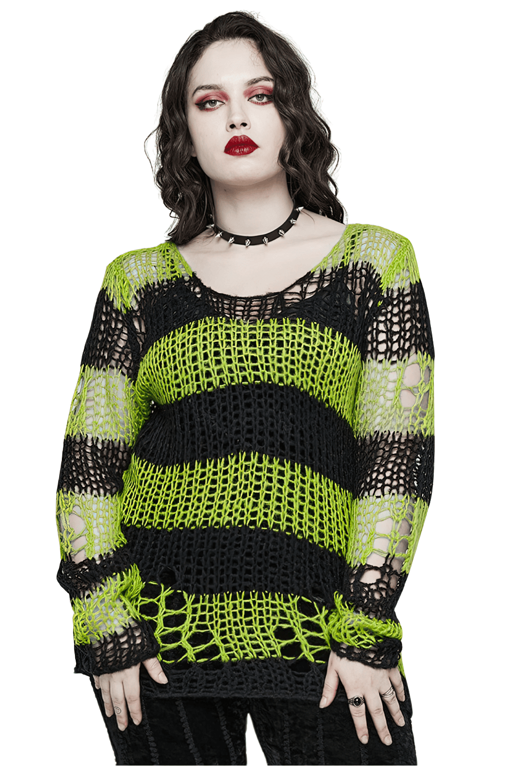 Stylish distressed pullover sweater with edgy green and black stripes, featuring a round neck and rebellious design.