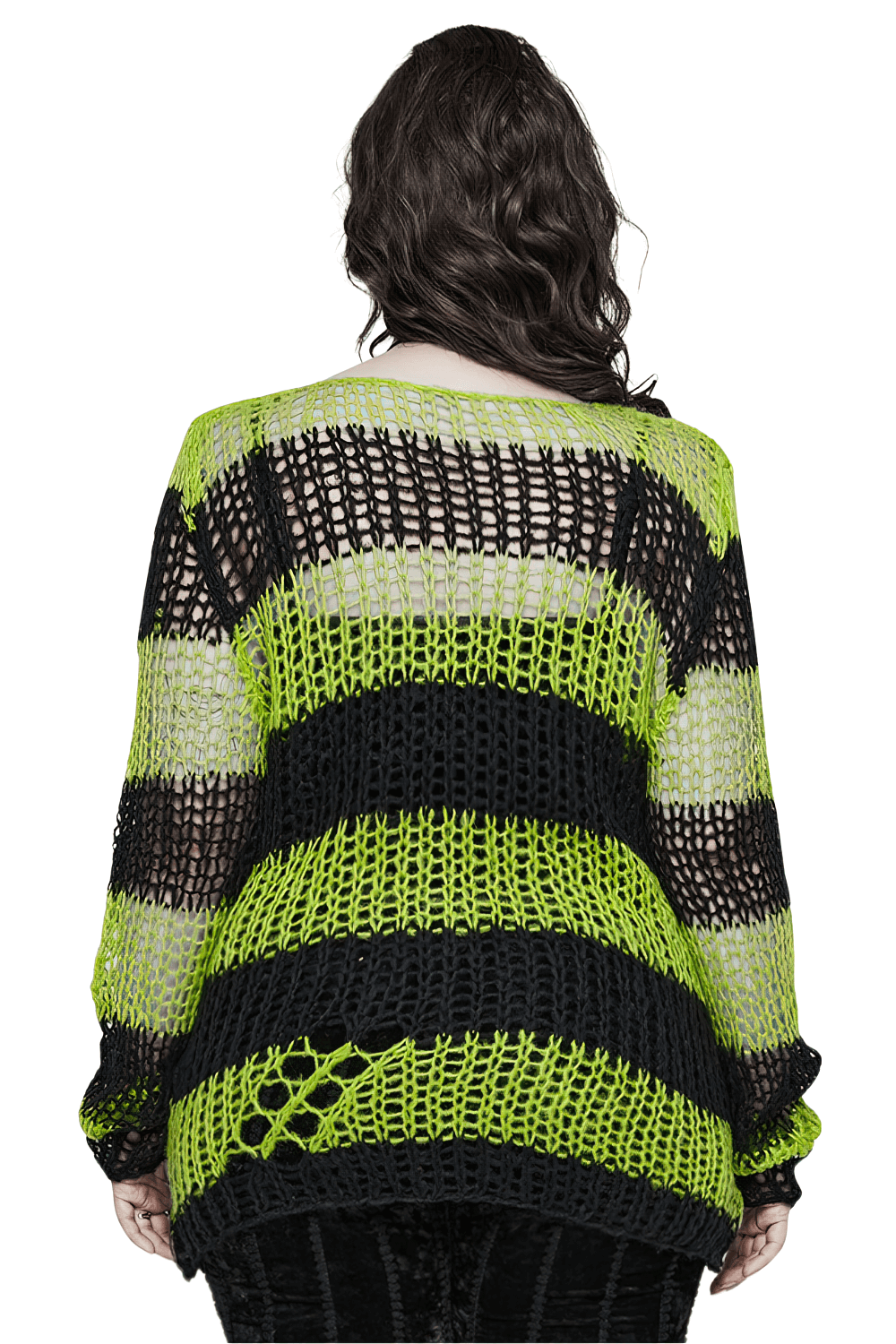 Back view of a stylish distressed striped mohair pullover sweater in neon green and black, showcasing its edgy design.