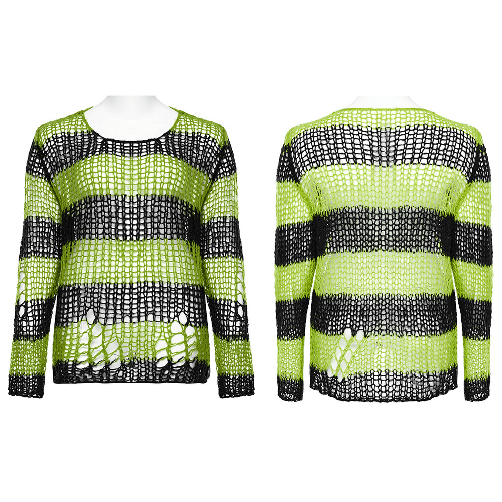 Edgy distressed striped mohair pullover sweater in black and neon green, showcasing an oversized fit and punk-inspired design.