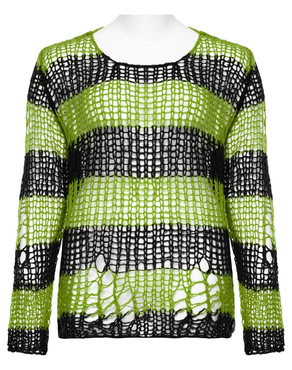 Stylish distressed pullover sweater with green and black stripes, featuring edgy mohair design and large round neck.