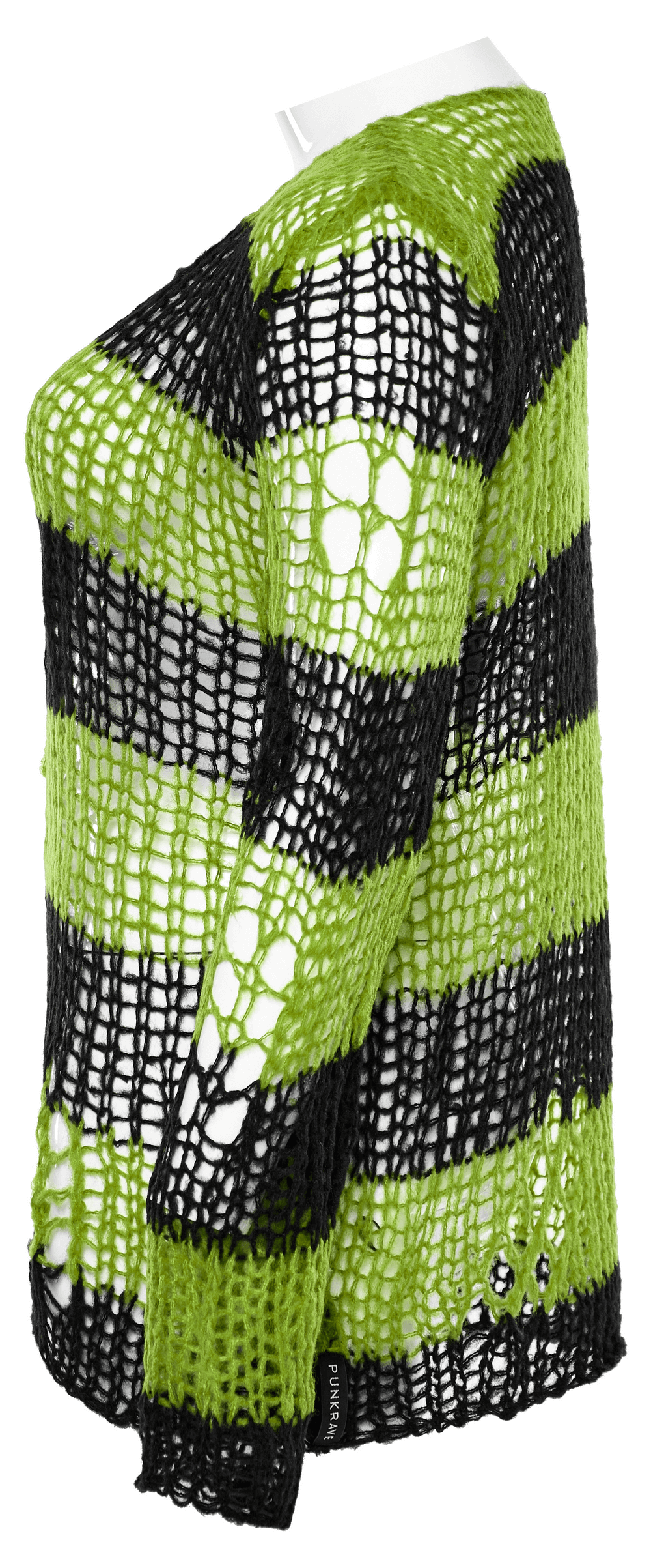 Stylish distressed striped mohair pullover sweater in green and black, featuring edgy holes and oversized fit.