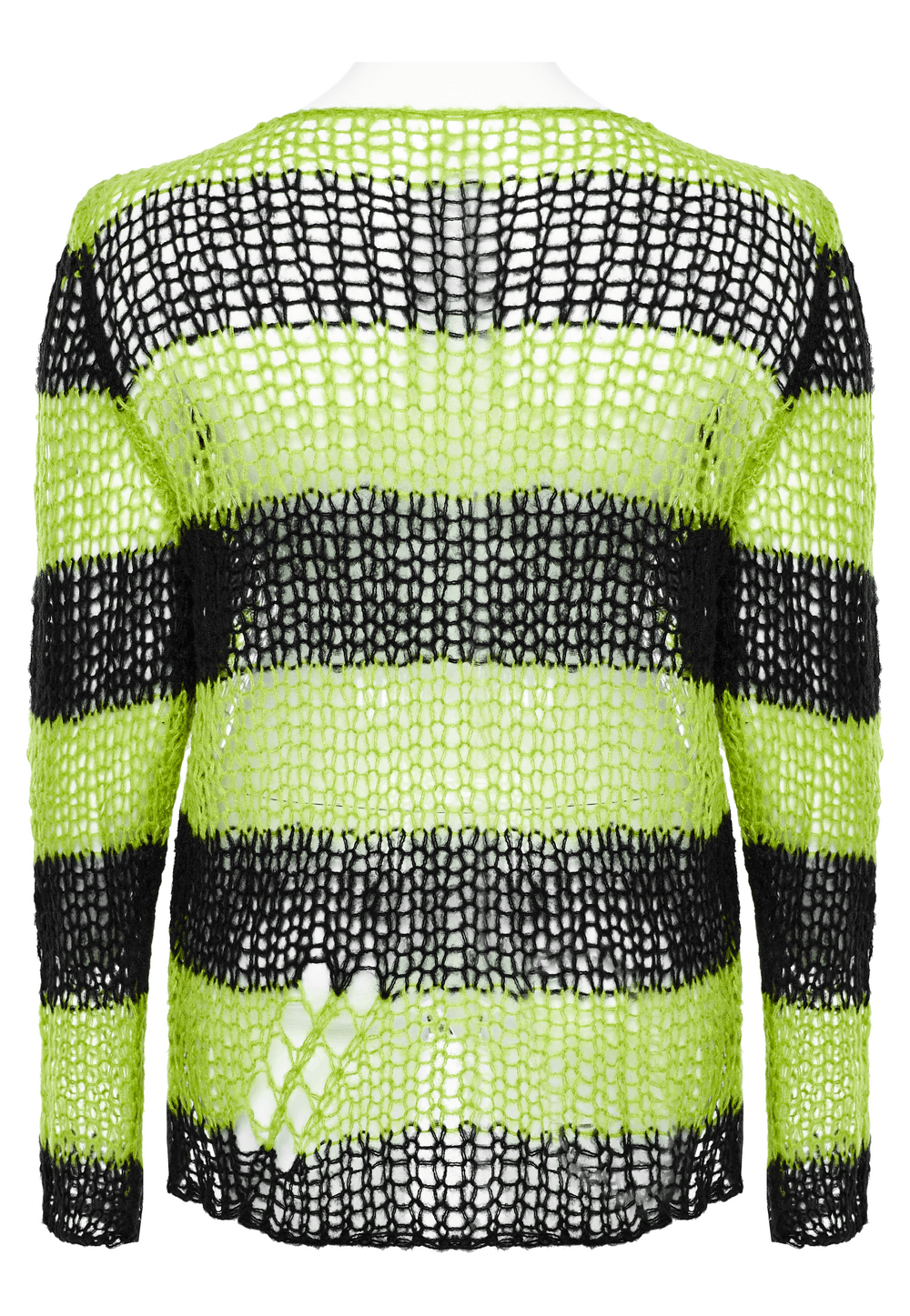Back view of stylish distressed striped mohair pullover sweater in neon green and black, featuring edgy holes and oversized fit.