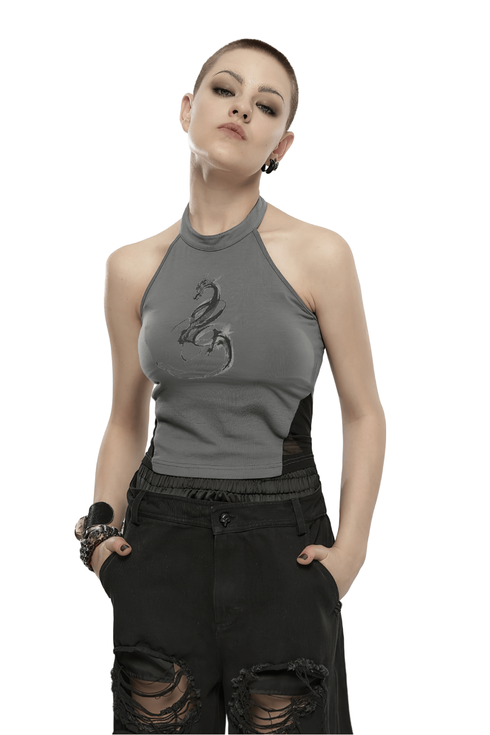 Stylish dragon print halter neck camisole with gray fabric and edgy design, perfect for standout fashion.