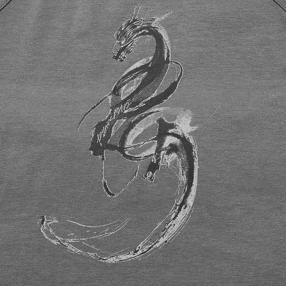 Stylish dragon print design on a gray halterneck camisole showcasing a fierce, eye-catching illustration.