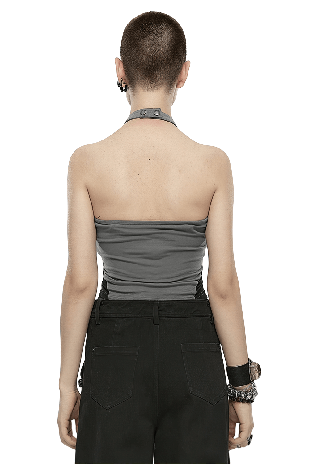 Back view of a chic gray halter neck camisole showcasing its sleek design and adjustable collar.