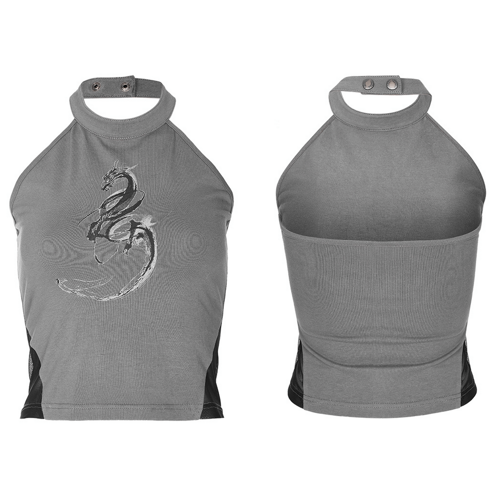 Stylish reversible dragon print halter neck top with adjustable snaps and soft stretchy fabric.