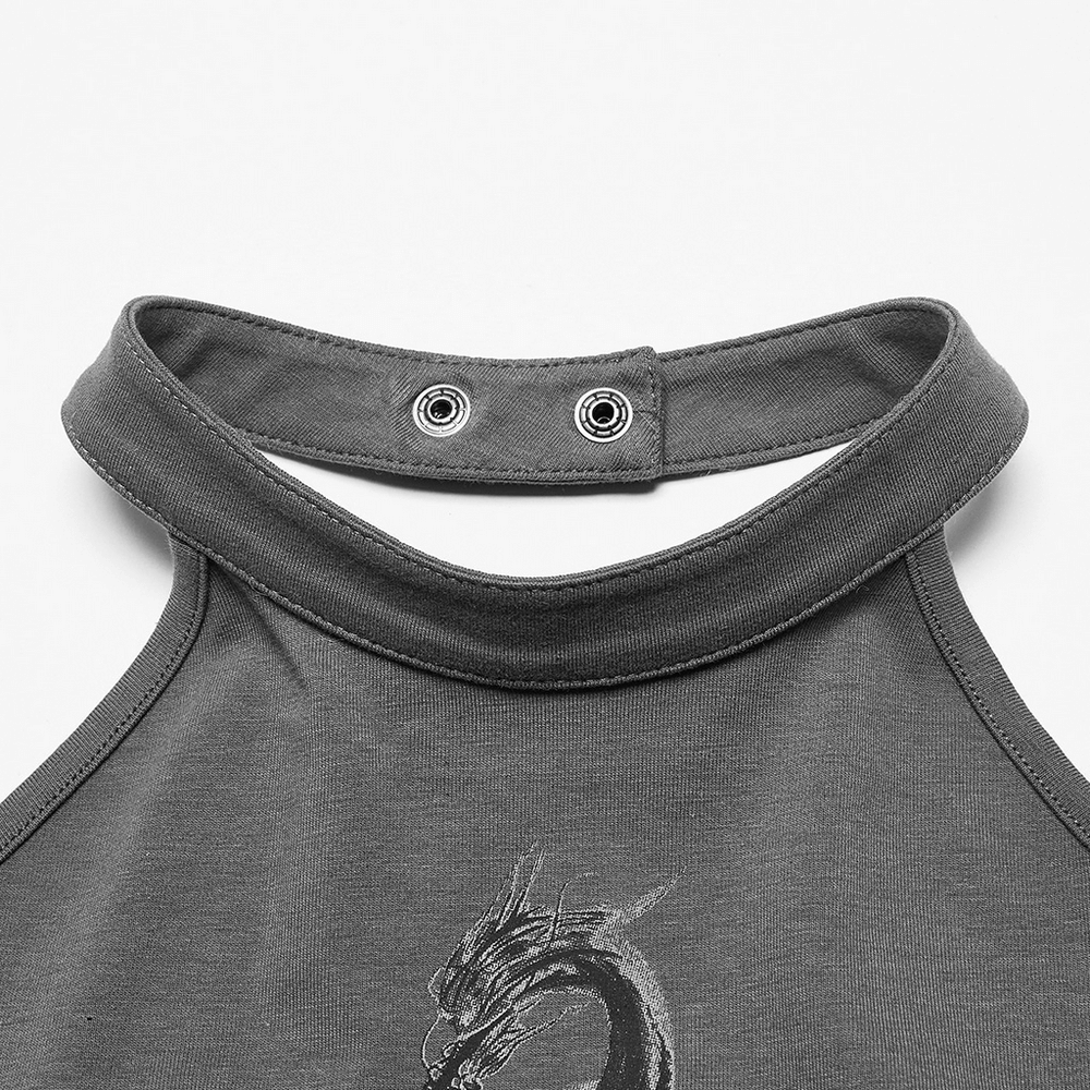 Reversible dragon print halter neck top showing collar with snap buttons for adjustable fit.