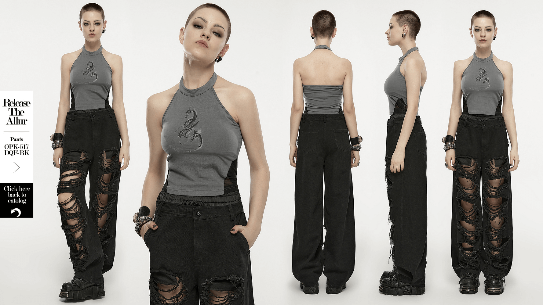 Reversible dragon print halter neck camisole with contrasting mesh back and stylish black ripped pants.