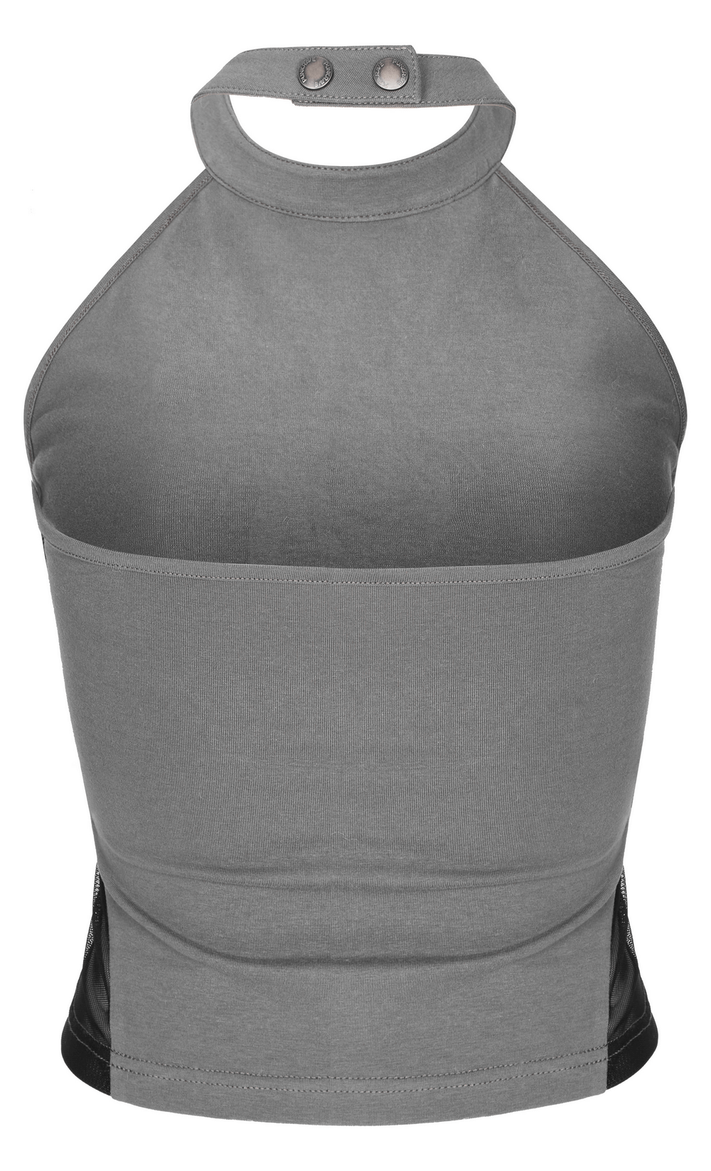 Reversible dragon print halter neck camisole with adjustable stand collar and contrasting mesh back.