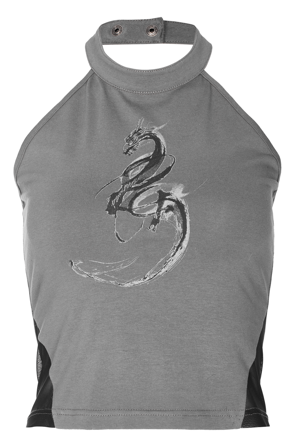 Stylish reversible dragon print halter neck top with adjustable collar and mesh sides.