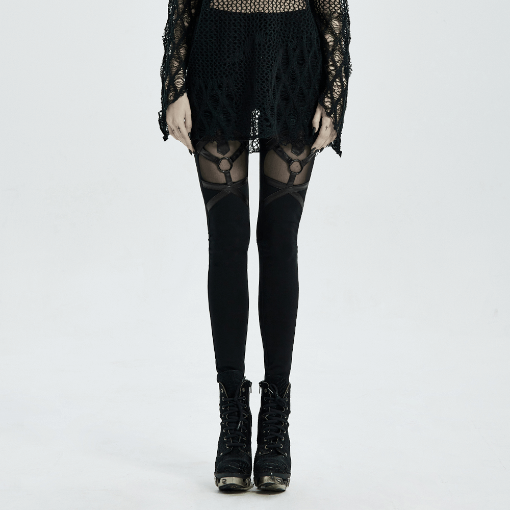 Stylish edgy women's leggings with mesh panels, iron ring design, perfect for gothic-inspired fashion.