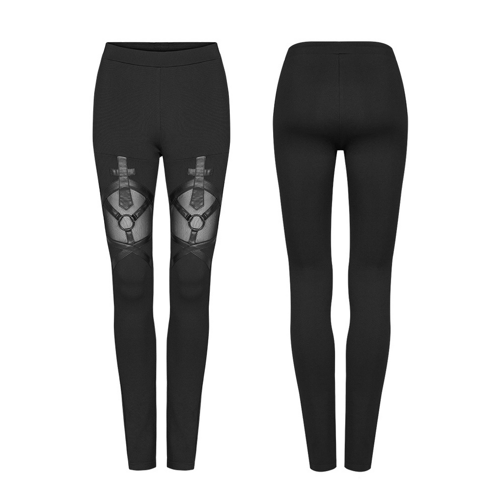 Stylish edge mesh-paneled black leggings for women with gothic architectural design and iron ring detail.