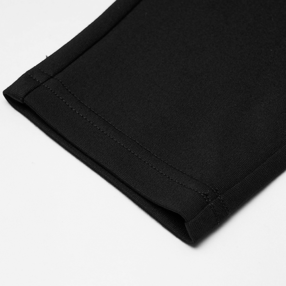 Close-up of the waistband detailing of stylish black mesh-paneled iron ring women's leggings.