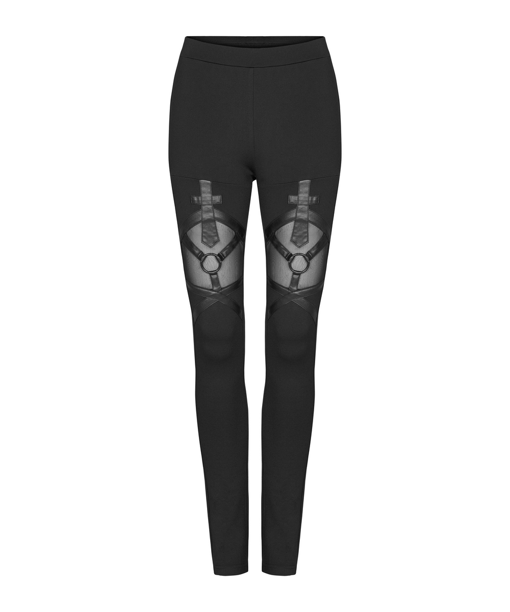 Gothic iron-ring mesh-paneled women's leggings, featuring a daring design and adjustable waistband for a stylish fit.