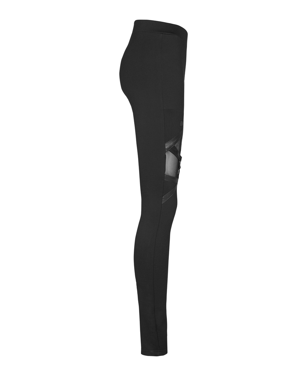 Stylish black leggings with mesh paneling and iron ring details, perfect for an edgy gothic outfit.