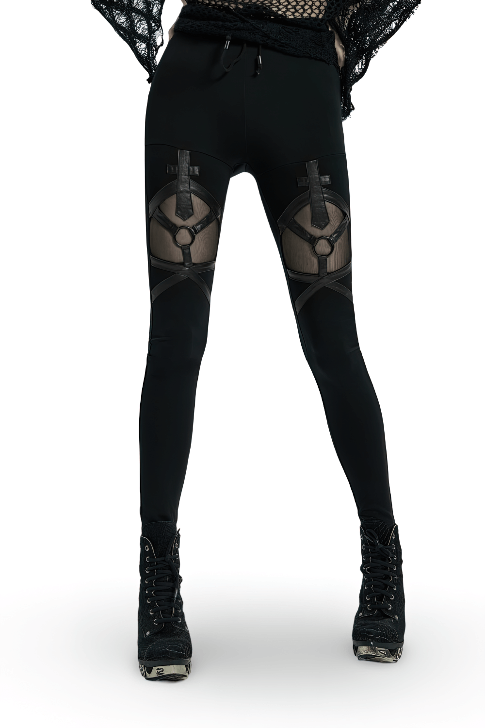 Gothic style women's leggings with mesh panels and iron ring details for a fashionable edgy look.