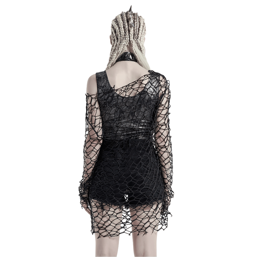 Edgy sheer oversized mesh top showcasing a unique off-shoulder design, perfect for punk fashion enthusiasts.