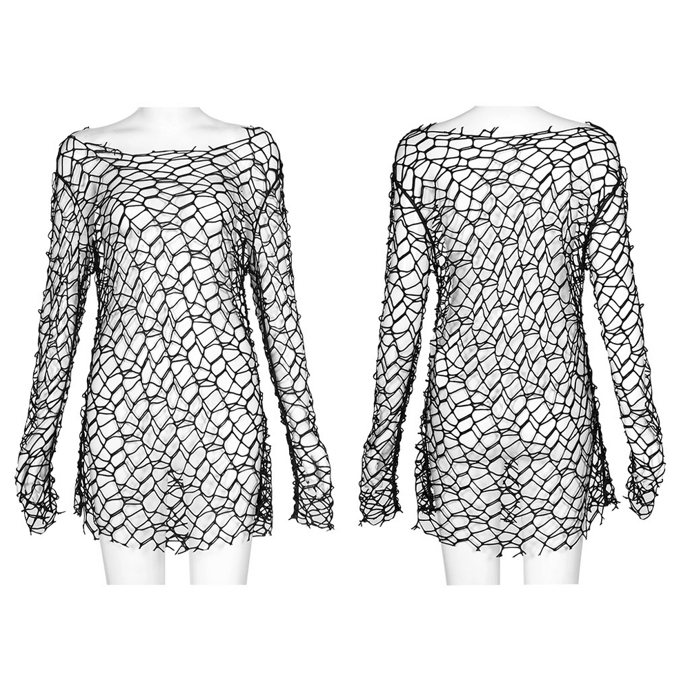 Stylish edgy sheer oversized knit top in black mesh, perfect for punk fashion, showcasing an off-shoulder design.