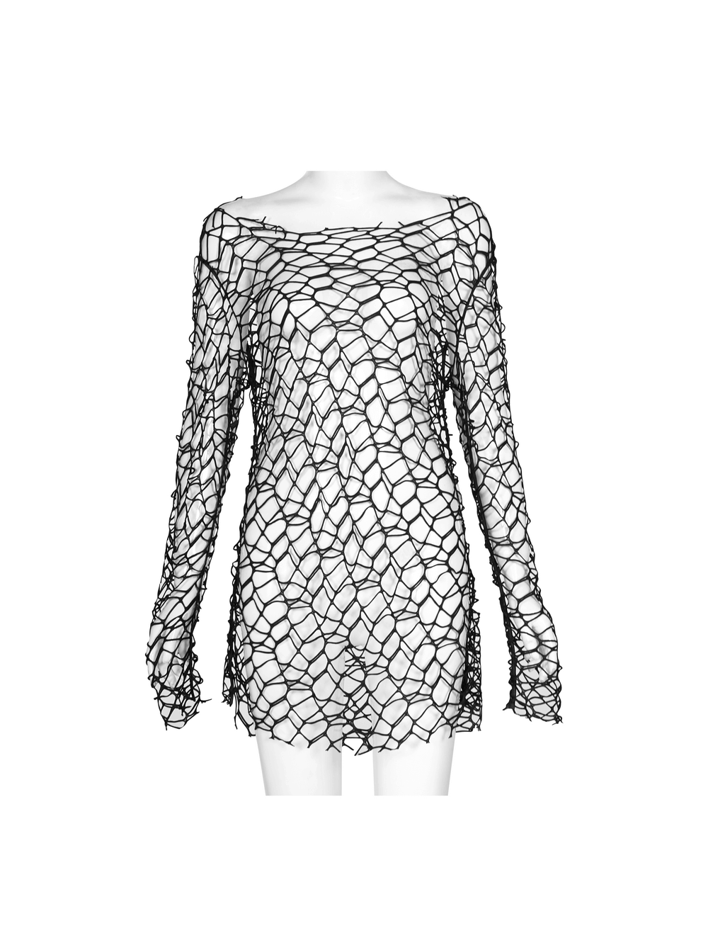 Stylish edgy sheer oversized knit top in black mesh, perfect for punk fashion and versatile layering.