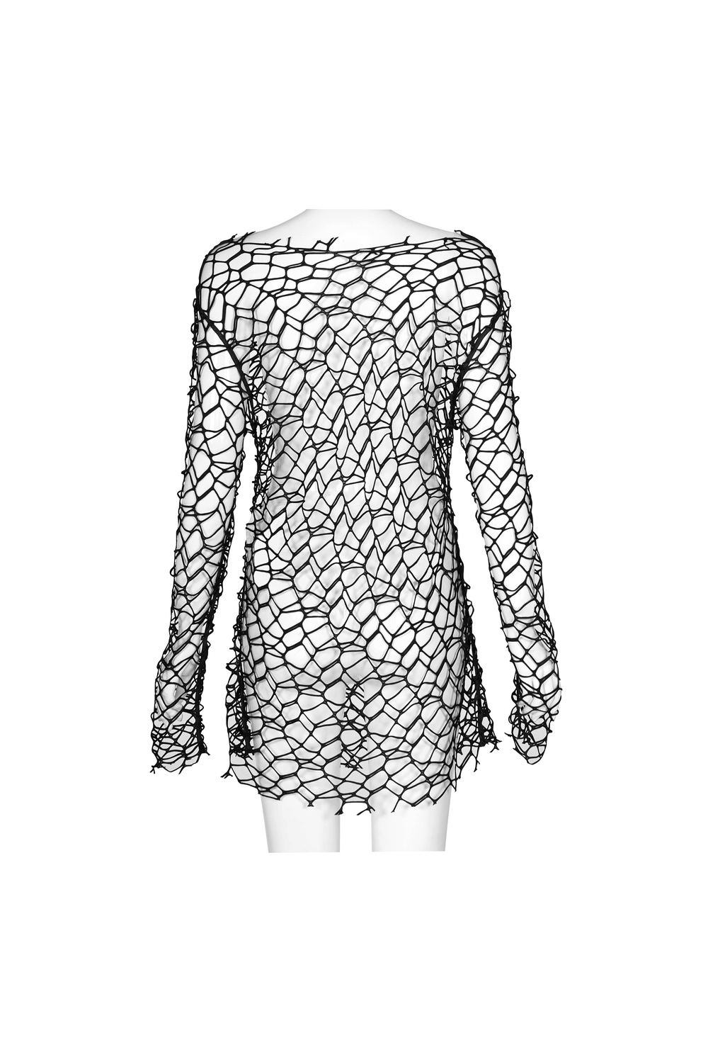 Stylish edgy sheer oversized knit top, featuring large mesh fabric and off-shoulder silhouette, perfect for punk fashion.