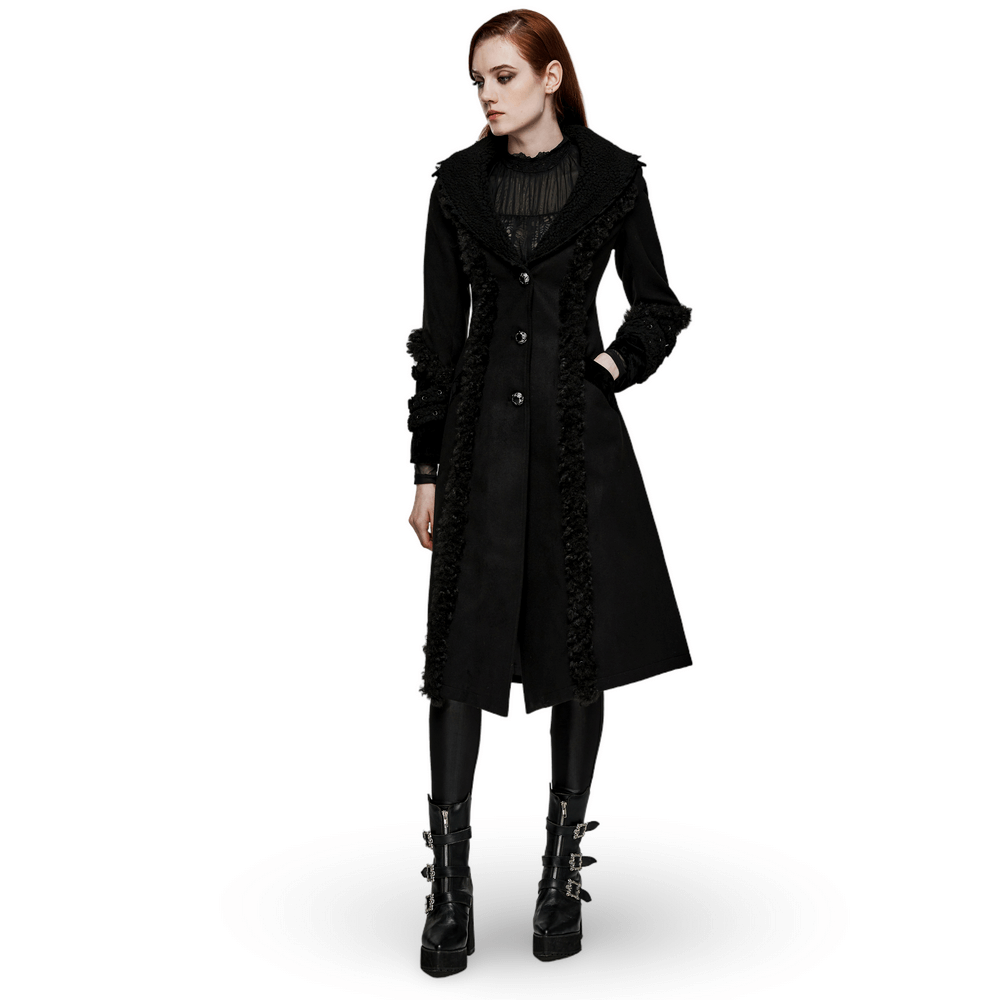 Stylish Gothic Plush-Striped Coat with Jacquard Trim, featuring soft plush strips and elegant design.