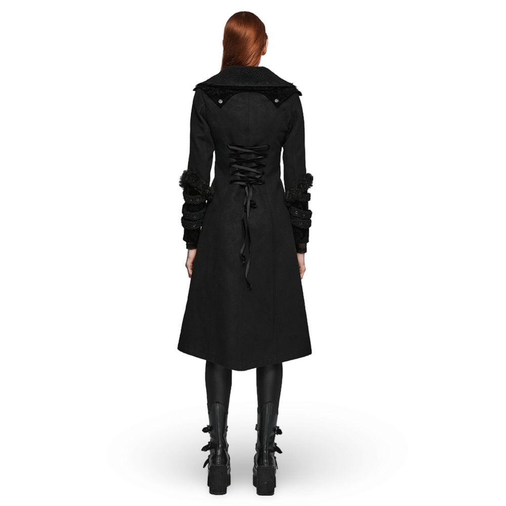 Back view of a stylish gothic plush-striped coat with jacquard trim and lace-up detailing.