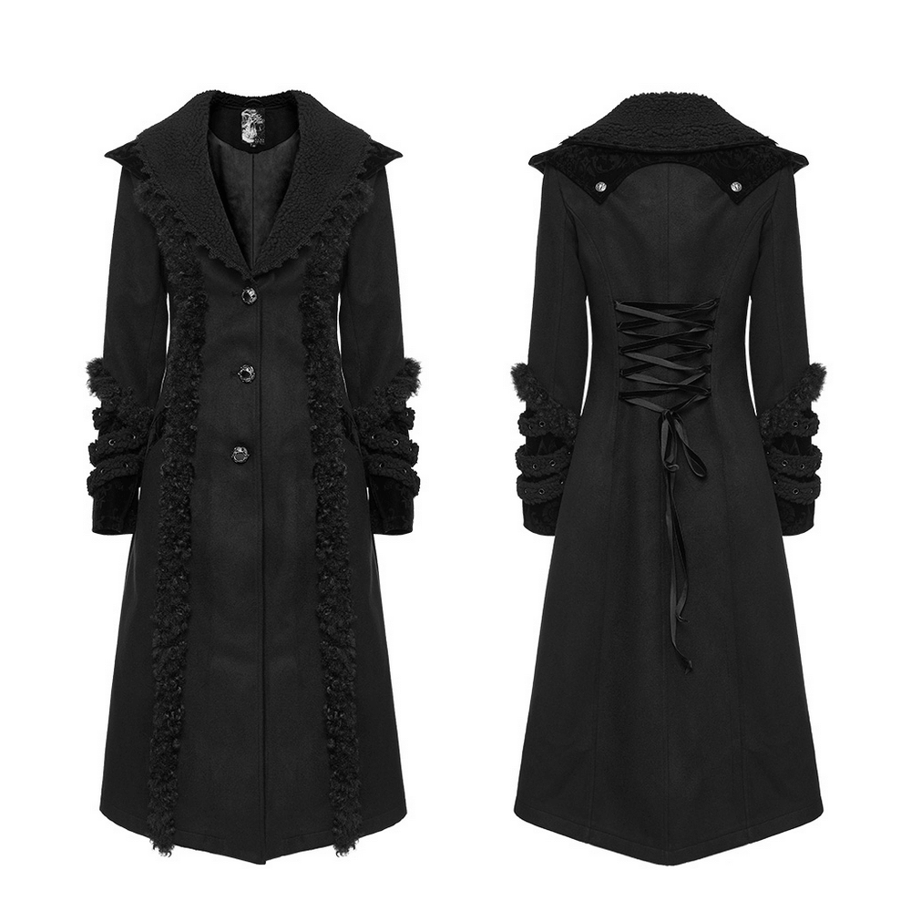 Stylish gothic black coat with plush-stripes, jacquard trim, and elegant back lace-up detail.