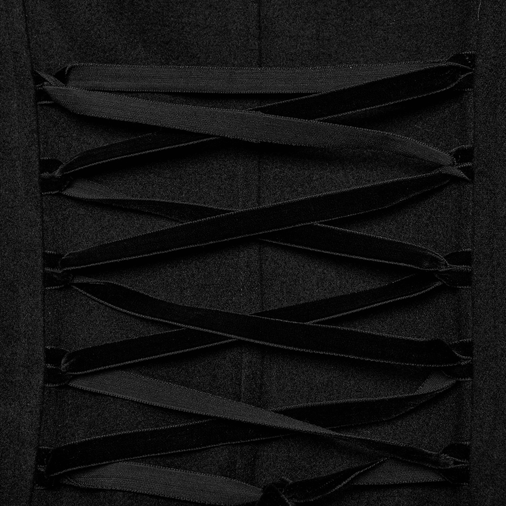 Close-up of stylish gothic coat detail featuring plush black velvet lacing for a striking look.