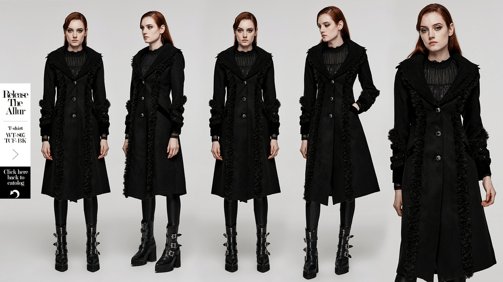 Stylish Gothic button coat with plush stripes and jacquard trim, showcasing a bold fashion statement.