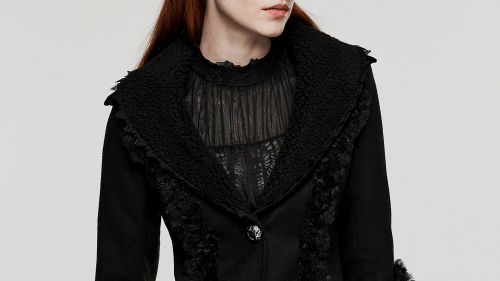 Stylish Gothic plush-striped coat with jacquard trim, featuring a dramatic collar and luxurious fabric details.