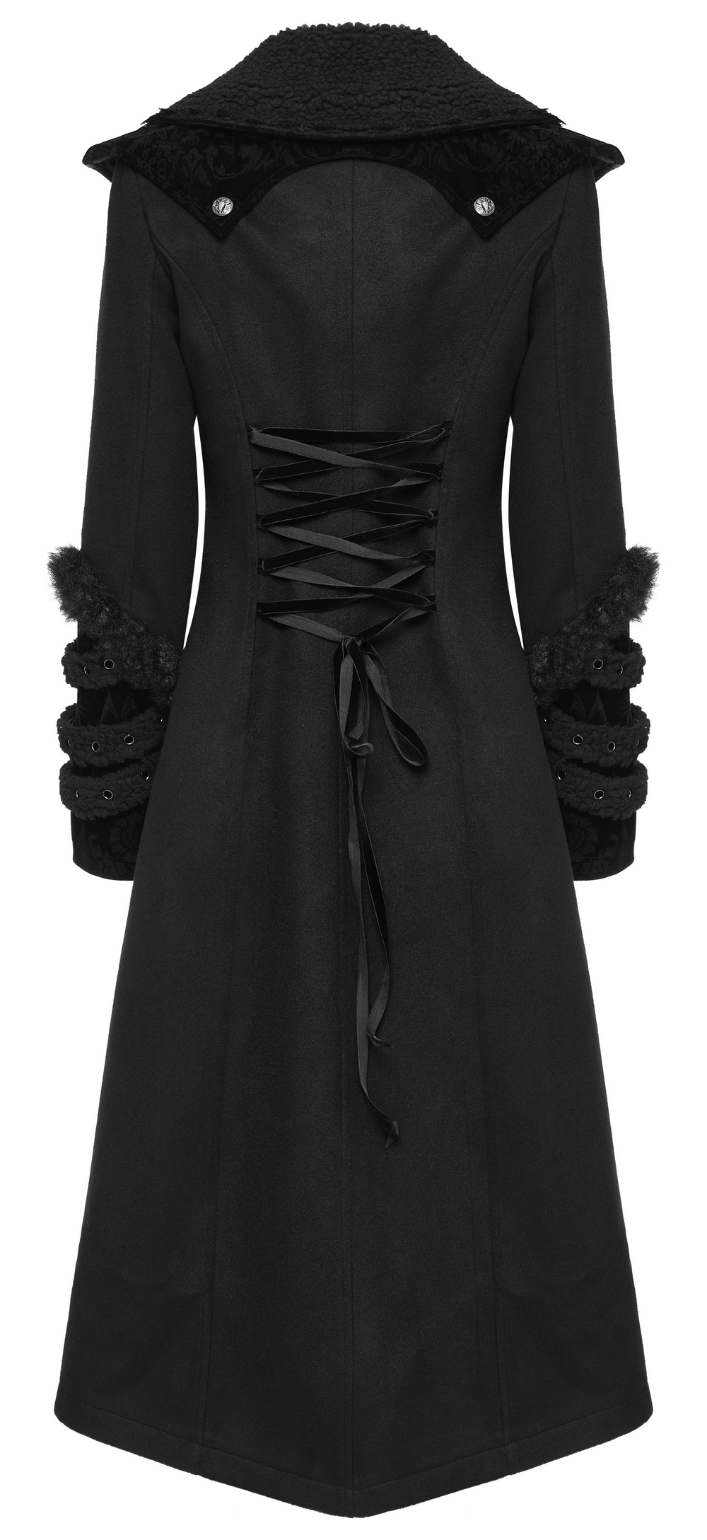 Back view of a stylish gothic plush-striped coat with lace-up detail and fur-trimmed sleeves.
