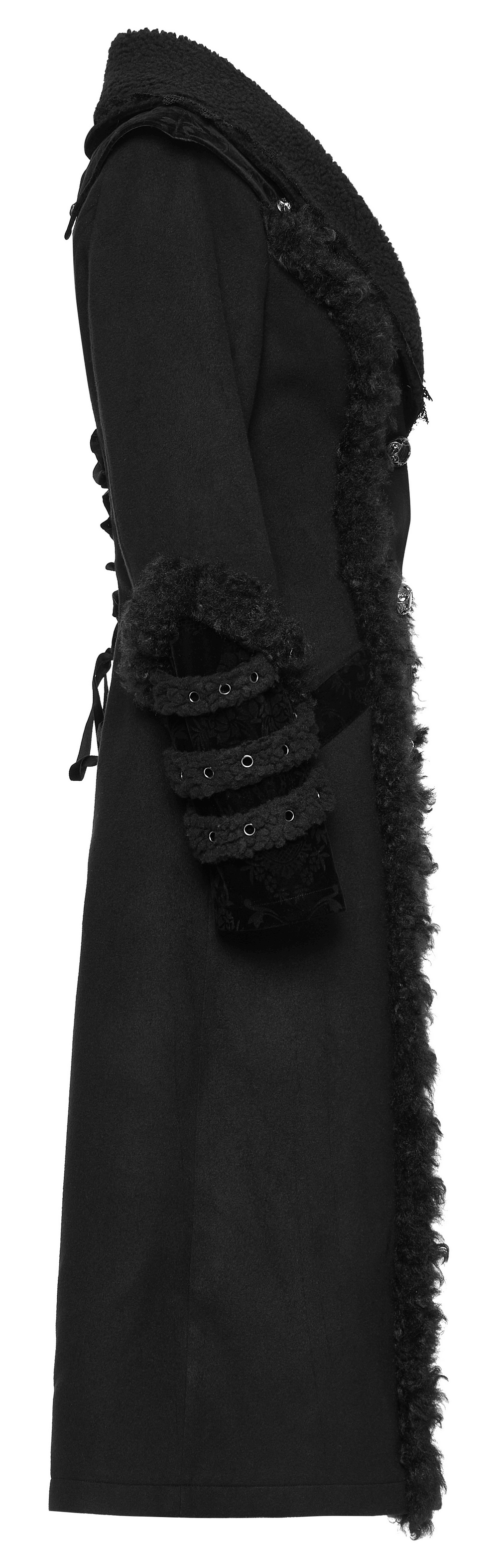 Elegant side view of a stylish engraved button gothic plush-striped coat with jacquard trim and plush sleeves.