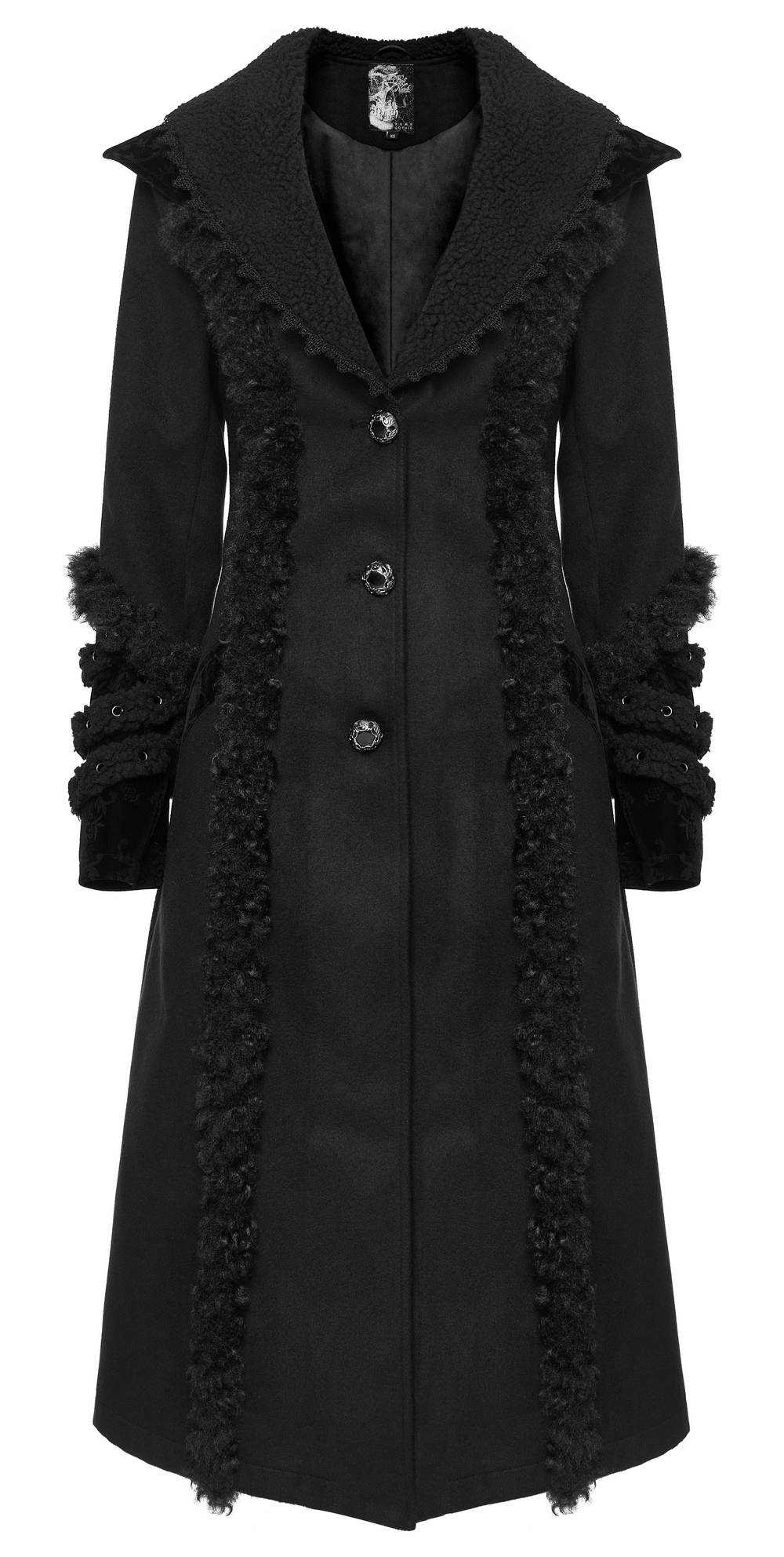 Stylish Gothic plush-striped coat with jacquard trim featuring a dramatic collar and detailed plush strips.