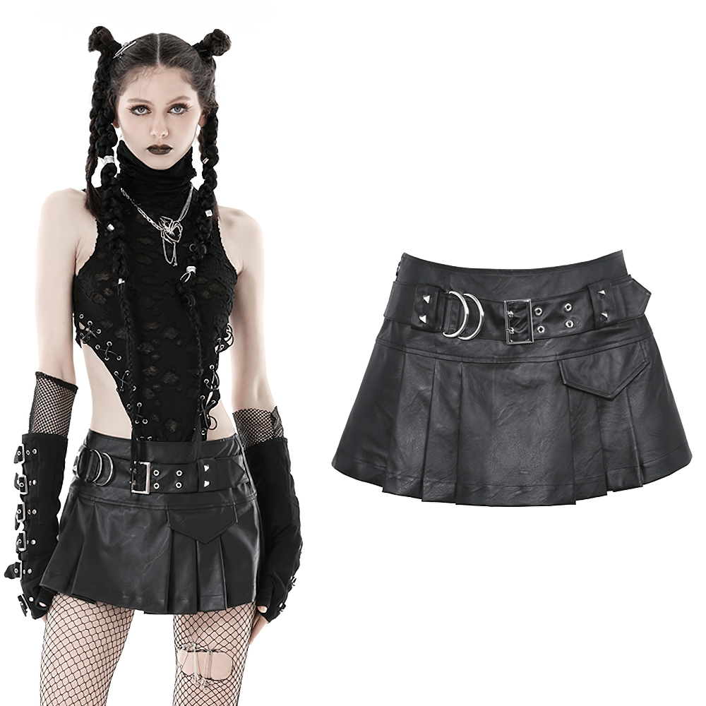 Gothic punk faux leather pleated mini skirt featuring edgy buckle details and a stylish silhouette.
