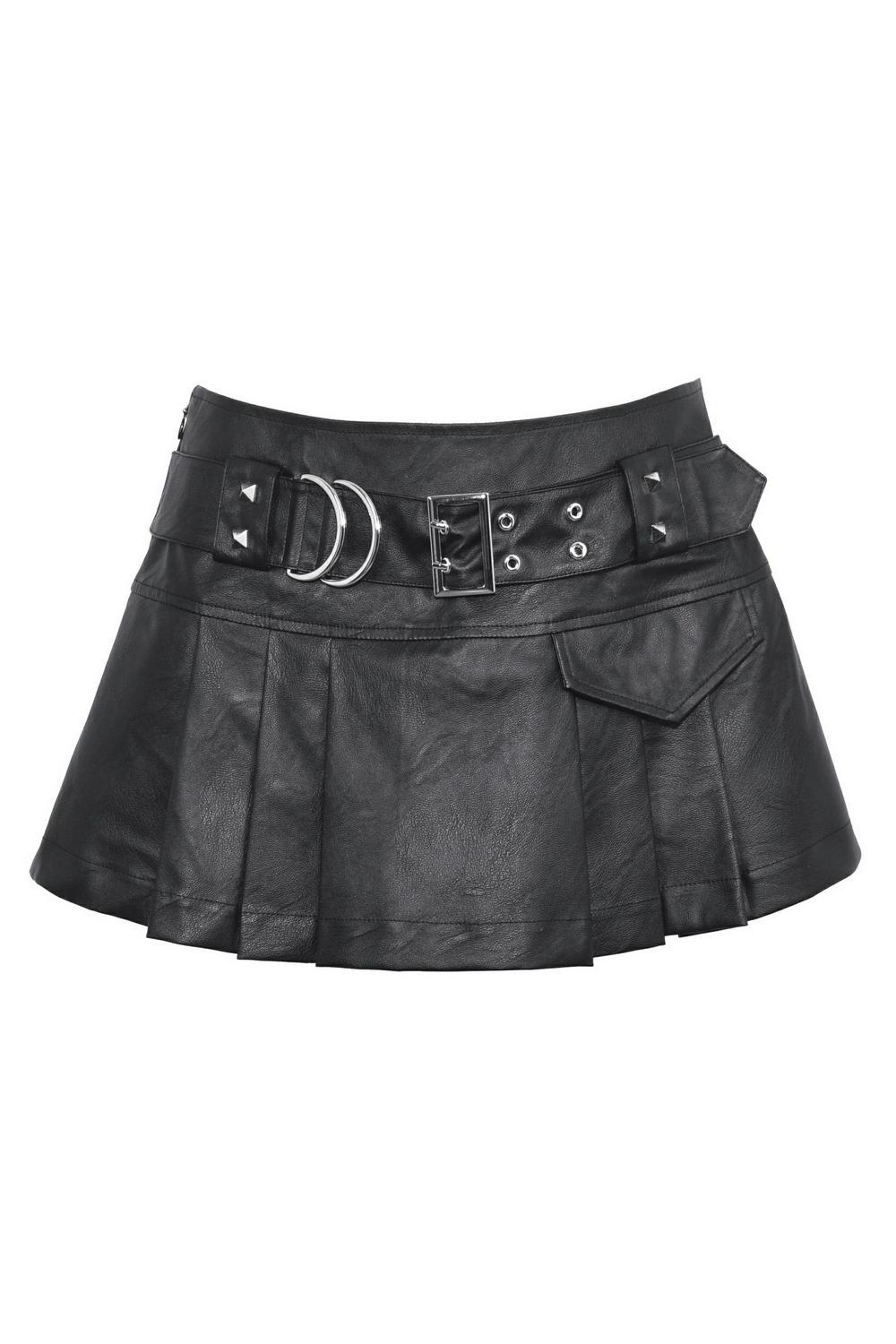 Stylish faux leather pleated mini skirt with edgy metal buckle detail and high-waisted fit.